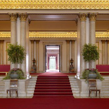 Grand Entrance at Buckingham Palace Castle Entrance Hall, Islamic Palace, Palace Entrance Hall, Palace Corridor, Buckingham Palace Exterior, Palace Entrance, Princess Of England, Palace Hallway Aesthetic, Buckingham Palace Ballroom