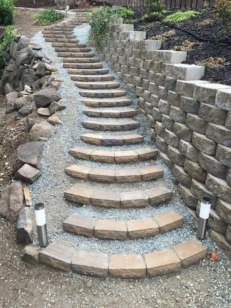 Stairs Outdoor Landscape, Hillside Erosion Control Retaining Walls, Walkway For Sloped Yard, Block Stairs Outdoor, Hillside Steps Sloped Backyard, Hillside Walkway Ideas, Backyard Steps Ideas, Backyard Stairs On A Slope, Build Steps Into Hillside