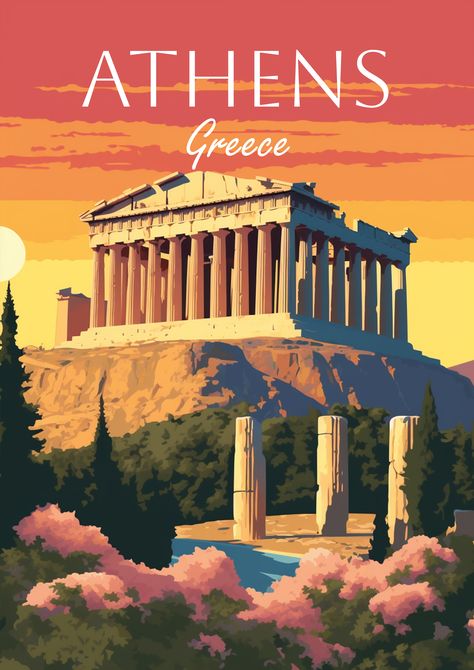 Athens, Greece Poster for your Room Greece Poster Vintage, Vintage Travel Posters Greece, Ancient Poster, Athens Greece Aesthetic, Poster For Your Room, Greek Poster, Parthenon Greece, Mediterranean Beauty, Greece Poster