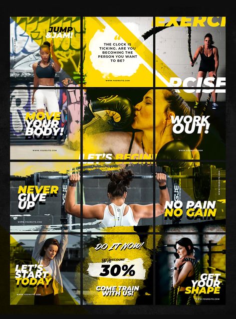 Fitness Instagram Puzzle Template PSD Fitness Graphic Design, Media Design Graphics, Fitness Graphics, Fitness Social Media, Sports Social Media, Instagram Puzzle Template, Sports Design Ideas, Puzzle Template, Facebook Cover Design