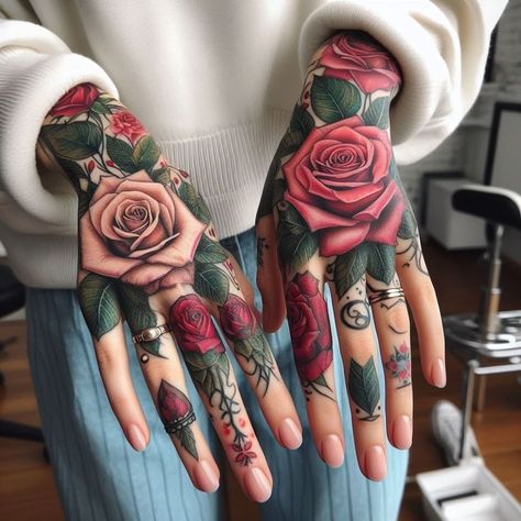 Tattoo Of Roses, Women Hand Tattoos Ideas, Unique Rose Tattoo, Best Female Tattoos, Intertwined Hands, Hand Tattoo Cover Up, Tattoos On Hand, Traditional Hand Tattoo, Full Hand Tattoo