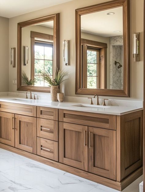 Bathroom With Maple Vanity, 8’ Bathroom Vanity, Wood Look Bathroom Vanity, L Shaped Bathroom Cabinets, Double Sink Vanity Decor Ideas, Bathrooms With Double Vanities, Natural Wood Bathroom Vanities, Oversized Bathroom Vanity, Natural Finish Bathroom Vanity