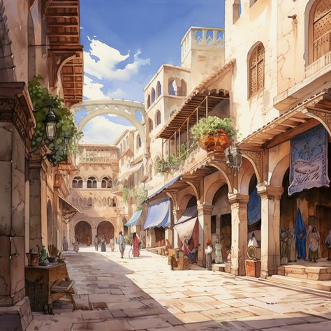 Sand City Fantasy Art, Byzantine Architecture Interior, Arabian City Fantasy Art, Constantinople Aesthetic, Desert Village Fantasy Art, Desert City Concept Art, Ancient City Concept Art, Minecraft Desert City, Uruk City