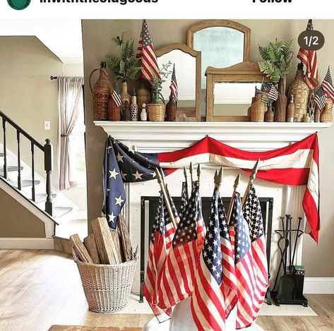 Patriotic Mantle, American Farmhouse Style, Mantel Ideas, Boat Ideas, July Ideas, Fourth Of July Food, Fourth Of July Decor, July Decor, Summer Living