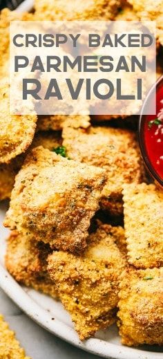 Crispy Baked Parmesan Ravioli are crunchy, crispy and filled with cheese and are perfect for dipping!  These little bites are so addicting and good and will become a family favorite! Toasted Ravioli Appetizer, Breaded Ravioli Baked, Crispy Ravioli Appetizer, Ravioli Appetizers Appetizer Recipes, Recipes Using Parmesan Cheese, Toasted Ravioli Baked, Crispy Tortellini, Oven Baked Ravioli, Breaded Ravioli