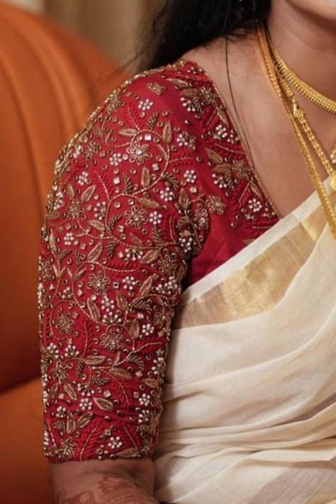 https://myfashioncorners.blogspot.com/ Bridal Zardosi Blouse Designs, Red Bridal Blouses, Trendy Work Blouse Designs, Zardosi Embroidery Blouse Weddings, Red Embroidery Blouse, Latest Zardosi Work Blouse Designs, Bridal Blouse Designs Heavy Work Red, Gold Saree With Red Blouse, Unique Bridal Blouse Designs