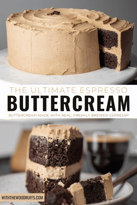 Thick, creamy buttercream made with freshly brewed espresso. Click here for the full recipe! Chocolate Espresso Buttercream Frosting, Espresso Swiss Meringue Buttercream, Frangelico Cake Recipe, Recipes With Espresso Powder, Espresso Frosting Recipe, Espresso Powder Recipes, Espresso Icing, Espresso Buttercream Frosting, Espresso Buttercream