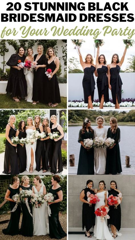 Black Bridesmaid Dresses Black And White Themed Wedding Bridesmaid Dresses, Wedding Colors With Black Bridesmaid Dresses, Black Wedding Dress Bridal Party, Flowers For Black Bridesmaid Dresses, Black Bridesmaid Dresses Flowers, Black Bridesmaid Dresses Wedding Party, Mismatched Bridesmaid Dresses Black, Black Dress Bridal Party, Mismatched Black Bridesmaid Dresses