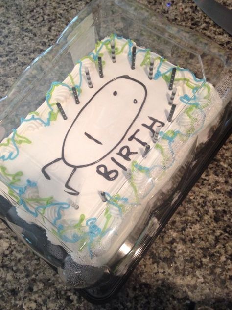 Photo of a white sheet cake with minimal green and blue frosting drizzles and a stick figure. “Birth” is written in frosting next to the figure. Birthday Cakes Easy Decorating, Goofy Cake, Funny Cakes, Ugly Cakes, Funny Birthday Cakes, Pretty Birthday Cakes, Cute Birthday Cakes, Just Cakes, Oui Oui