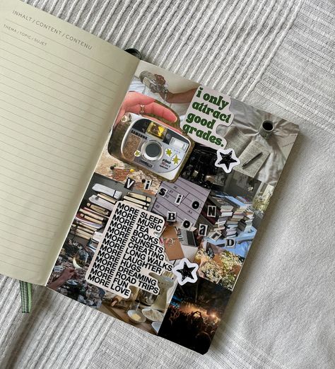 my 2024 vision board in my leuchsttrum 1917 notebook Vision Board In Notebook, Notebook Vision Board, Common Place Notebook, Vision Board Notebook, 2024 Journal, 2024 Vision Board, Commonplace Book, Sketchbook Ideas, 2024 Vision