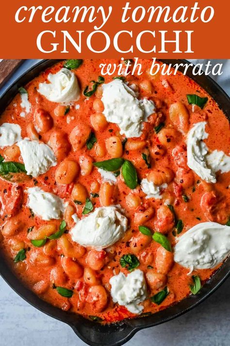 Creamy Tomato Gnocchi with Burrata. This easy 20-minute Creamy Tomato Gnocchi is made with a vibrant tomato garlic sauce tossed with cream, fresh basil, and gnocchi and topped with fresh burrata cheese. A simple, quick, and easy dinner full of flavor! Creamy Tomato Gnocchi With Burrata, Tomato Basil Gnocchi, Gnocchi With Burrata, Gnocchi Tomato Sauce, Creamy Tomato Gnocchi, Tomato Garlic Sauce, Tomato Gnocchi, Tomato Paste Recipe, Chicken Gnocchi Soup Recipe