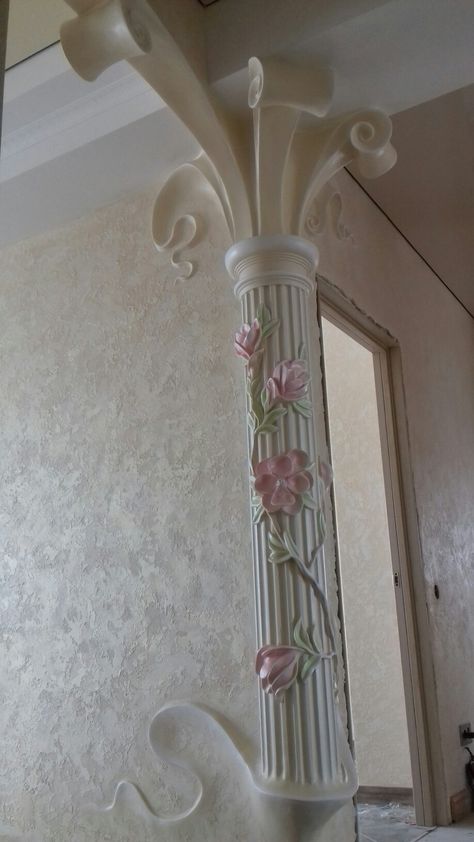 Round Pillar Decoration Ideas, Round Pillar Design, Pillar Decorations, Drywall Art, Cement Design, House Wall Design, Pillar Design, Furniture Appliques, Wood Appliques