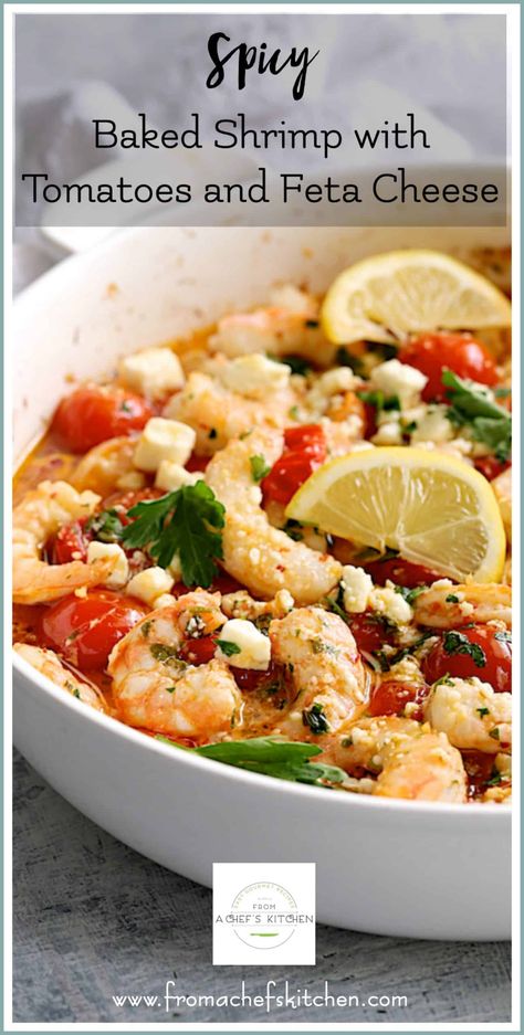 Spicy Baked Shrimp with Tomatoes and Feta Cheese is an easy weeknight dinner or a great appetizer to share with friends.  Best of all, it bakes up in one dish for ultimate ease! #shrimp #seafood #shrimprecipes #greekrecipes #greekfood #appetizers #easydinners Shrimp With Tomatoes, Tomatoes And Feta Cheese, Tomatoes And Feta, Recipes Seafood, Dish Ideas, Elegant Entertaining, Healthy Comfort, Baked Shrimp, Chef's Kitchen