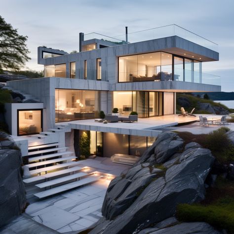 Scandinavian Villa Exterior, Mansion On Hill, Scandinavian Mansion, Buildings Sketch Architecture, White Modern House, Modern Glass House, Glass House Design, Scandinavian House, Modern Japanese Architecture