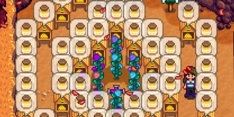 Stardew Valley: Guide To Bee Houses Stardew Bee House Layout, Stardew Valley Bee House, Bee Farm Stardew Valley, Stardew Valley Honey, Bee House Stardew, Bee House Stardew Valley, Stardew Beehive, Stardew Valley Beehive Layout, Stardew Valley Guide