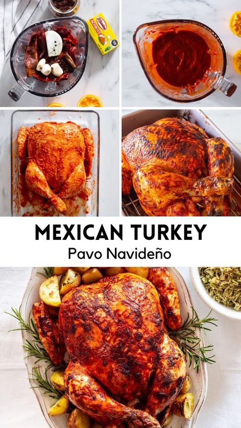 A collage with 5 photos of the preparation of Mexican turkey Pavo Navideño. Mexican Style Turkey Recipes, Alton Brown Turkey Recipe, Xmas Turkey Recipes, Al Pastor Turkey Recipe, Turkey Al Pastor, Turkey Christmas Recipes, Spicy Thanksgiving Turkey, Turkey For Thanksgiving Recipe, 10lb Turkey Recipe