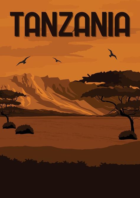 Tanzania Vector Illustration Background National Park Sign, Travel Minimalist, Wall Art Classic, National Park Art, Rv Decor, Hiking Gifts, Illustration Background, Iconic Buildings, Mountain Print