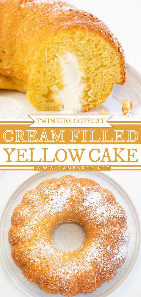 Yellow Cake Bundt Cake, Cream Filled Bundt Cake, Twinkie Bundt Cake Recipe, Twinkie Bundt Cake, Yellow Bundt Cake Recipes, Twinkie Filling Recipe, Filled Bundt Cake Recipes, Twinkie Cake Recipe, Moist Bundt Cake