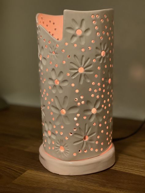 5th work finished. Carved detail on a rolled cylinder. Ceramic Lantern Ideas Pottery, Slab Cylinder Ideas, Clay Cylinder Projects, Slab Lantern Ceramics, Cylinder Clay Ideas, Ceramics Lantern Ideas, Ceramics Cylinder Ideas, Clay Lanterns Ideas Ceramics, Clay Cylinder Ideas