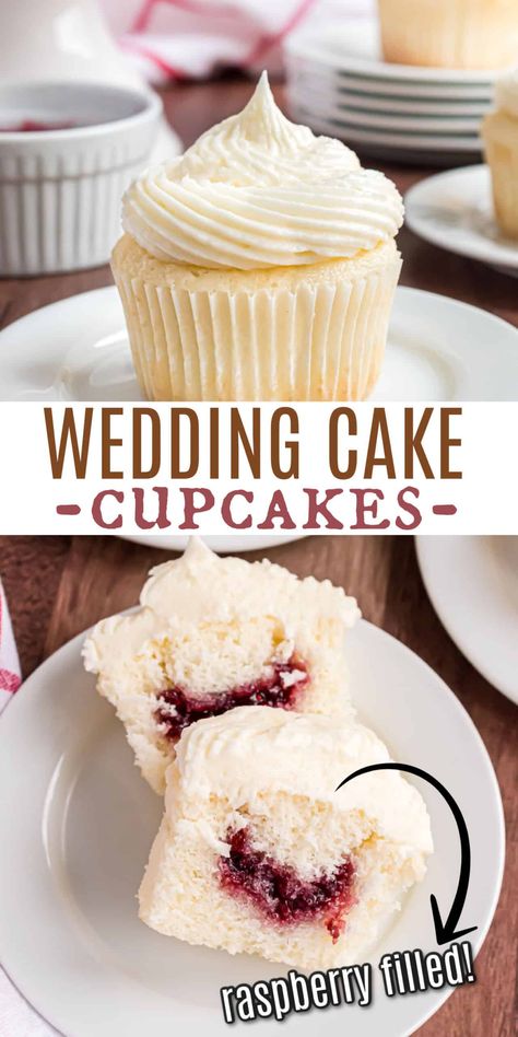 A small star tip works perfectly for piping the filling into the cupcakes. The frosting will cover up the hole you make! Be sure not to overfill the cupcake liners. Any more than 3/4 full and the cupcakes could "dome" on top making the frosting slide off. Store cupcakes covered at room temperature. If your house runs hot, you can also keep them in the fridge to make sure the buttercream stays in tact. How To Fill Cupcakes With Filling, Small Wedding Cakes With Cupcakes, Almond Wedding Cake Cupcakes, Cupcakes With Filling Inside, Cupcakes With Raspberry Filling, Decadent Cupcakes, Almond Wedding Cake, Roll Desserts, Cupcake Filling