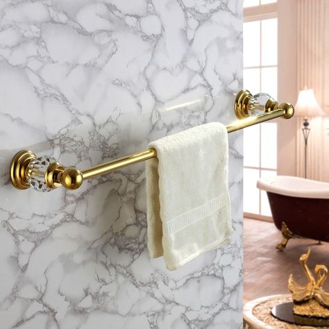 Charles Wall-Mount 24 Inch Crystal Gold/Chrome Finish Bathroom Single Towel Bar Solid Brass Finish Bathroom, Glamorous Bathroom, Faux Leather Sectional, Modern Towels, Finished Bathrooms, Towel Organization, Gold Bathroom, Bathroom Towel Bar, Bathroom Storage Organization