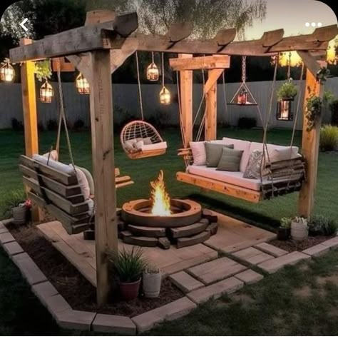 Fire Pit Swings, Backyard Swings, Backyard Pavilion, In Front Of House, Backyard Fire, Outdoor Swing, Home Landscaping, Outdoor Decor Backyard, Fire Pit Backyard