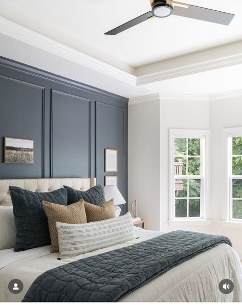 Accent Wall In Primary Bedroom, Blue Beadboard Bedroom, Blue Wainscoting Bedroom, Beadboard Bedroom, Blue Beadboard, Wainscoting Bedroom, Board And Batten Wall, Master Room, Board And Batten