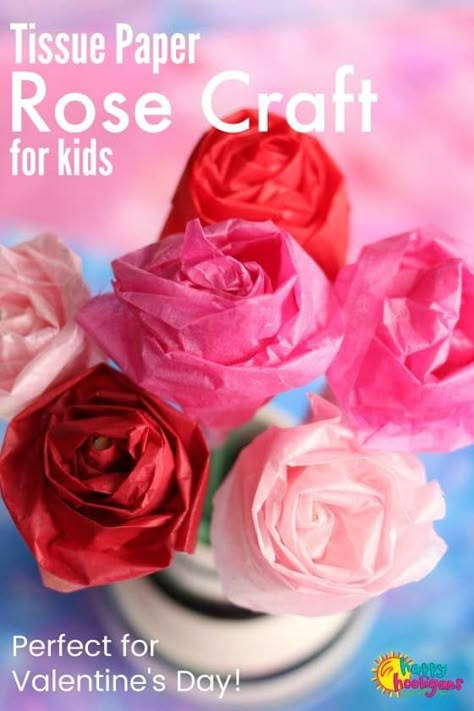 These tissue paper roses are easy enough for kids to make. Learn how to make roses out of tissue paper that look pretty enough to be real. Great Valentines craft or Mother's Day craft for kids to make for Mom or Grandma! #HappyHooligans #FlowerCrafts #ValentinesCrafts #PaperRoses #RoseCrafts #KidsCrafts #CraftsForKids #TissuePaperCrafts Diy Valentines Decorations Tissue Paper, Tissue Paper Roses Diy How To Make, Make Flowers Out Of Tissue Paper, What To Do With Tissue Paper, Making Flowers From Tissue Paper, Making A Rose Out Of Tissue Paper, Rose Tissue Paper Flowers, Paper Flowers Kids Craft, Make A Rose Out Of Paper