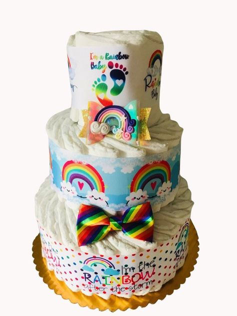 Rainbow Baby Diaper Cake / Baby Shower Gift for Boy Girl or | Etsy Rainbow Diaper Cake, Unique Diaper Cakes, Boy Baby Shower Centerpieces, Diaper Cake Boy, Baby Bowtie, Baby Diaper Cake, Diy Baby Shower Gifts