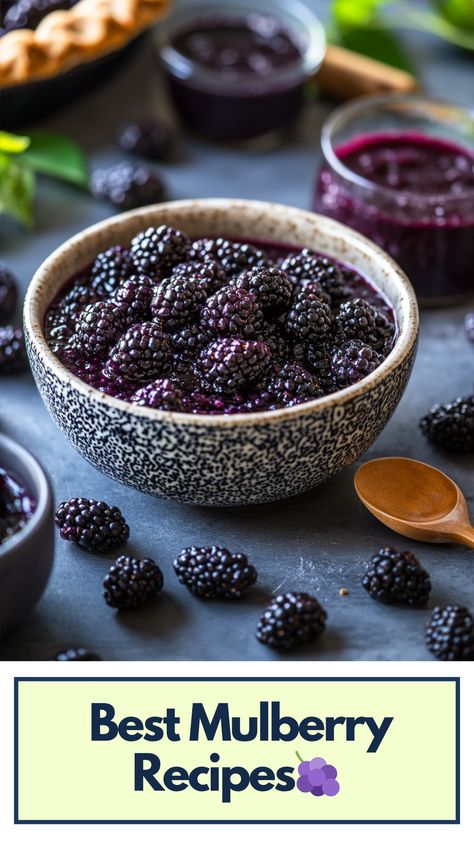 A bowl of fresh mulberries surrounded by various mulberry dishes, including pies, jams, and smoothies. Mulberry Smoothie Recipe, Mulberry Jam, Mulberry Recipes, Savory Dishes, Recipes To Make, Culinary Skills, Savoury Dishes, Cheesecake Recipes, Taste Buds