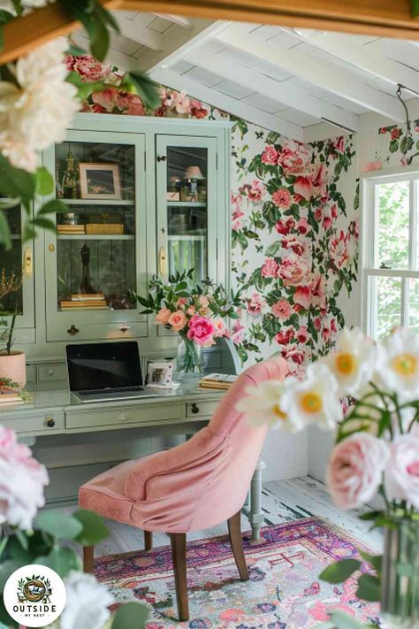 Blush Pink Craft Room, Porch Office Ideas, She Shed Lighting Ideas, Pink Sunroom, She Shed Ideas Interior Small Spaces, Office Shed Interior, She Shed Library, Inside She Shed Ideas, She Shed Home Office