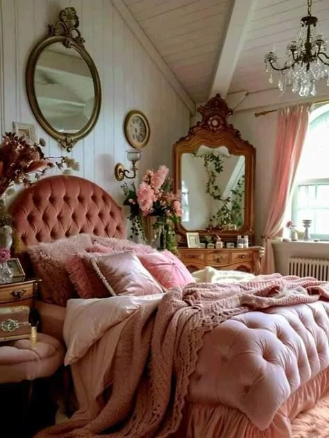 Small Girly Apartment Ideas, Pink And Maroon Bedroom, Half Tester Bed Canopy, Vintage French Apartment, Pink Antique Aesthetic, Pink Antique Bedroom, Pink Whimsical Aesthetic, Girly Vintage Bedroom, Pink Parisian Bedroom