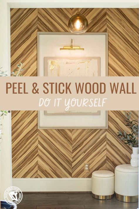 How gorgeous is this accent wall?! You can make a modern wood plank wall super easily using peel & stick vinyl plank flooring. For this project, I cut the vinyl planks using just scissors and because they stick directly to the wall, you can diy this project with no studs or power tools. Vinyl Plank On Wall, Peel And Stick Plank Wall, Adhesive Wall Panels, Stick On Wood Panels, Peel And Stick Wall Moulding Ideas, Easy Diy Wood Accent Wall, Peel And Stick Wood Panels, Peel And Stick Wood Planks For Walls, Faux Wood Wall Panels