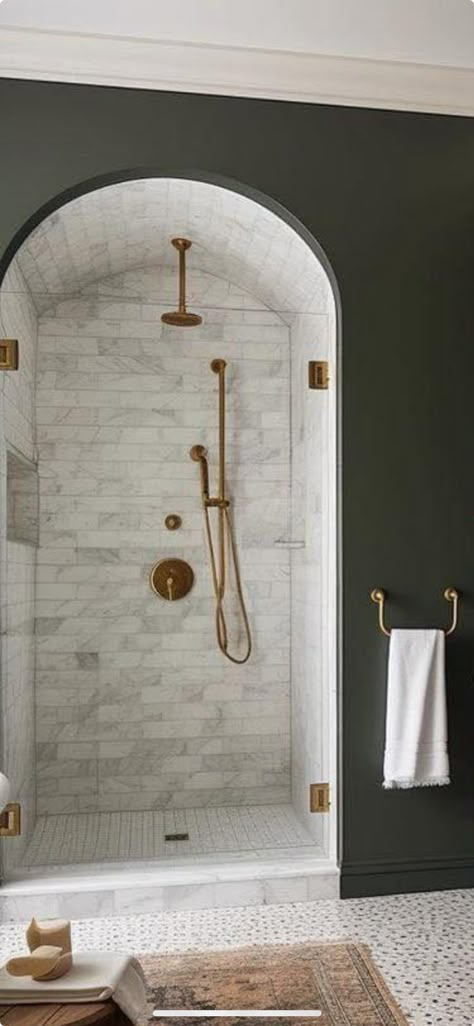 Arched Shower Room, Tile Shower Alcove, Arch Bathtub Alcove, Arched Shower Ceiling, Arched Shower Opening Small Bathroom, Craftsman Style Bathrooms Master Suite, Modern Shower With Bench, Arched Shower Entrance, Walk In Shower With Arched Entry