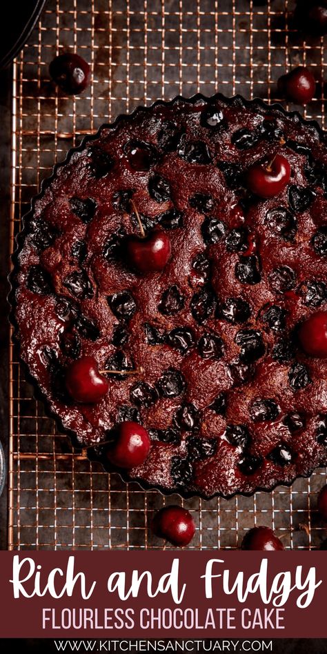 If you're looking for a chocolatey, fudgy, rich dessert, this Flourless Chocolate Cherry Cake is the answer. It makes a great Christmas day dessert as you can make it ahead, store it at room temperature (no need to take up that valuable fridge or freezer space!) and serve it warm or cold. It also happens to be gluten free. Black Cherry Cake, Holiday Cake Recipes, Cherry Cake Recipe, Kitchen Sanctuary, Flourless Chocolate Cake Recipe, Chocolate Cherry Cake, Uk Food, Flourless Chocolate Cake, Flourless Cake