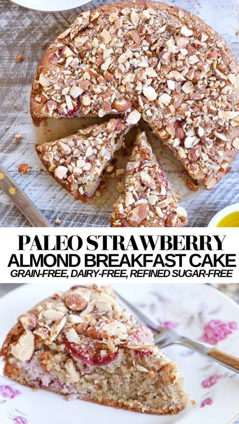 Almond Breakfast Cake, Paleo Breakfast Cake, Healthy Almond Cake, Paleo Strawberry Recipes, Paleo Flour Recipes, Paleo Strawberry Cake, Mevy Diet, Strawberry Recipes Healthy, Strawberry Breakfast Cake