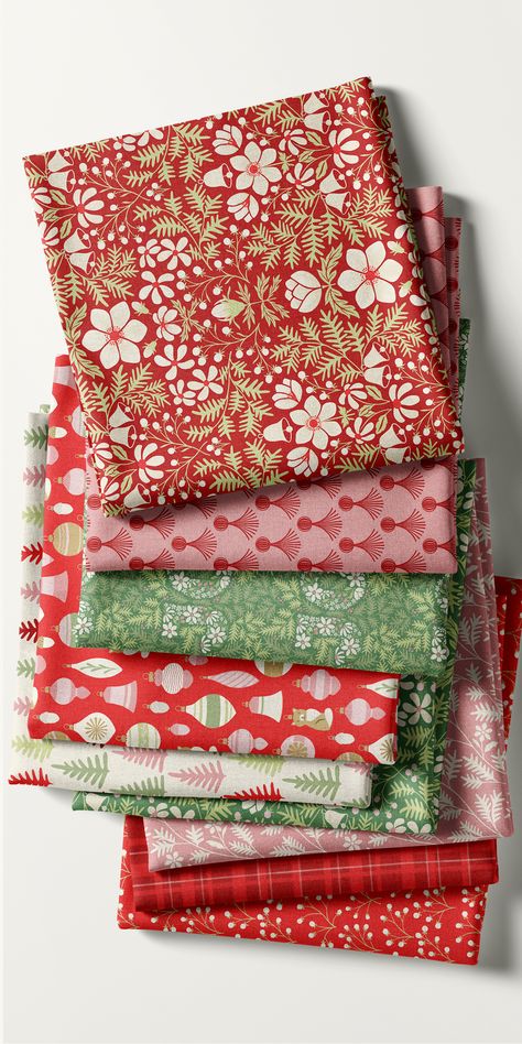 A fabric collection of Christmas designs featuring bright colors and a mid-century aesthetic. Mint And Red Christmas, Vintage Booth Display, Vintage Glass Ornaments, Vintage Booth, Christmas Color Palette, Mid Century Holiday, Joy Christmas, Color Palette Pink, Special Place In My Heart