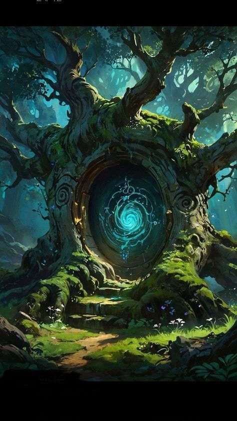 Dark Portal Aesthetic, Magical Tree Aesthetic, Portal Isekai, Fantasy Portal Art, Magic Portal Art, Magic Portal Aesthetic, Portal Rpg, Fantasy Landscape Concept Art, Portal Drawing