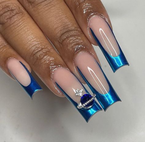 Blue chrome french tip Chrome Nails French Tip Blue, Coloured Chrome French Tip Nails, Metallic French Tip Nails Acrylic, Saturno Nails Blue, Teal Chrome French Tip Nails, Blue Chrome French Tip Nails Square, Deep Blue French Tip Nails, Long Acrylic Nails Chrome, Metallic Blue French Nails