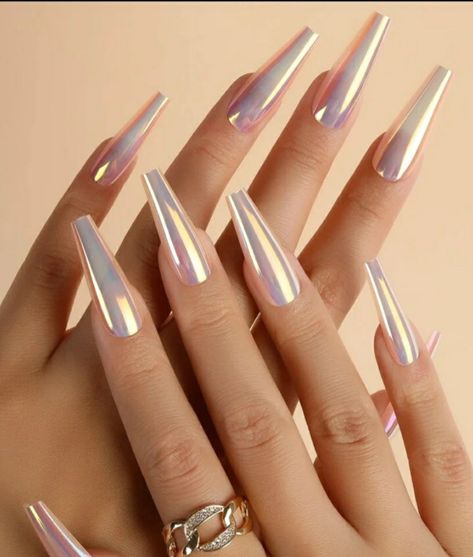 Long Nails Coffin Design, Elegant Spring Nail Designs, Tapered Coffin, Wedding Manicure, Fake Nails Long, Nails Chrome, Pink Holographic, Chrome Nail Powder, Mirror Nails