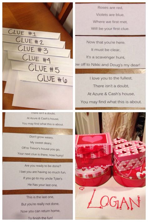 Valentine's scavenger Hunt!! I left him clues in envelopes at each destination with a present waiting for him at each place! Started the hunt off with "roses are red, violets are blue, where we first met, will be your first clue." Boyfriend Scavenger Hunt, Anniversary Scavenger Hunts, Romantic Scavenger Hunt, Scavenger Hunt Birthday, Surprise Boyfriend, Scavenger Hunt Clues, Birthday Surprise Boyfriend, Scavenger Hunts, Diy Gifts For Him