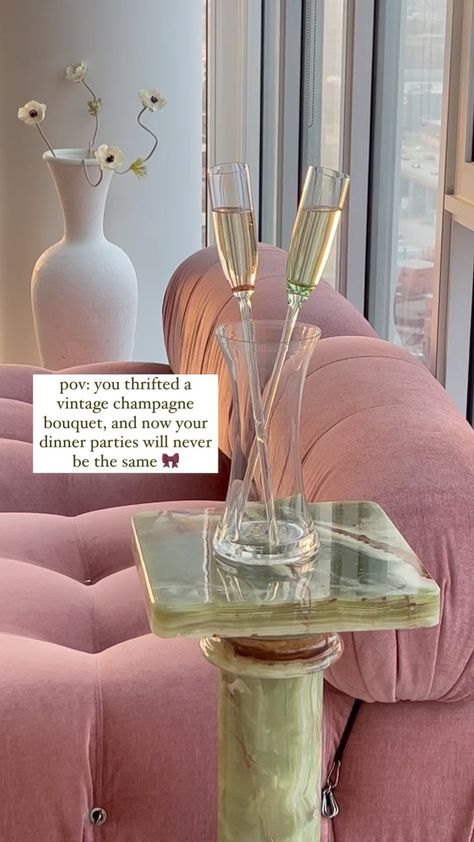 the ultimate hosting hack and maybe my best thrift find ever?!?! 🥹 | Instagram Champagne Flute Bouquet, Bartending Business, Champagne Bouquet, Hosting Hacks, Transverse Flute, Champagne Toasting Flutes, Antique Glasses, Whiskey Tumbler, Wine Glass Crafts