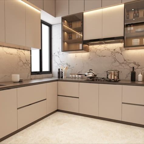 beige theme kitchen Luxury Beige Kitchen, Beige Colour Kitchen, Kitchen Interior Beige, Acrylic Kitchen Cabinets Modern, Kitchen Ideas Beige, Beige Cabinets Kitchen, Beige Kitchen Design, Tan Kitchen Cabinets, Beige Kitchens