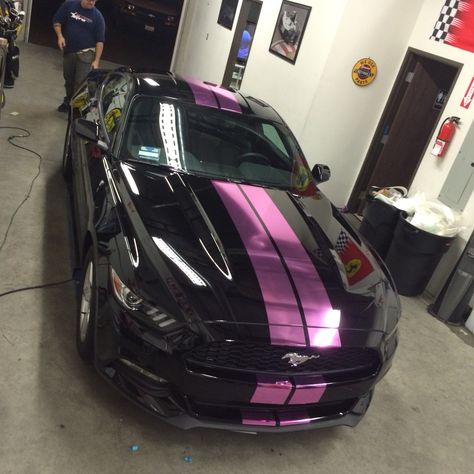 2015 Ford Mustang with pink chrome racing stripes! Mustang Racing Stripes, Mustang With Stripes, Wrapped Mustang, Pink Ford Mustang, Pink Mustang, Girl Driving, Purple Mustang, Ford Mustang 2015, Mustang Girl