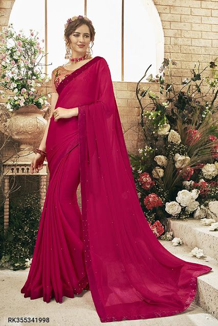 Navratri Silk Saree Collection....   Price Dark Pink Saree, Pink Georgette Saree, Party Wear Sarees Online, Party Sarees, Plain Saree, Latest Designer Sarees, Designer Sarees Online, Casual Saree, Art Silk Sarees