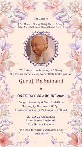 Guruji Satsang Invitation Card for WhatsApp | Floral Theme Satsang Invite Online Guru Ji Invitation Card, Guru Ji Satsang Invitation Template, Guruji Satsang Invitation Template, Guruji Invitation Template, Guruji Invitation, Guru Ji Satsang Invitation, Guruji Satsang Invitation, Satsang Invitation, Plywood House