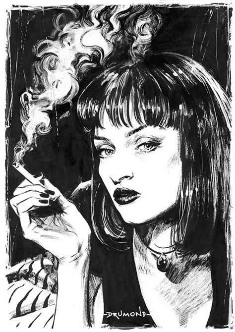 Mia Wallace. Easiest custom ever. Wig, button up white shirt, capri black pants, blood under nose, cig Black Ink Drawing Ideas, Pulp Fiction Drawing, Pulp Fiction Silhouette, Pulp Fiction Black And White, Pulp Fiction Wall Art, Pulp Fiction Tattoo, Movie Drawings, Posters Black And White, Pulp Fiction Alternative Poster