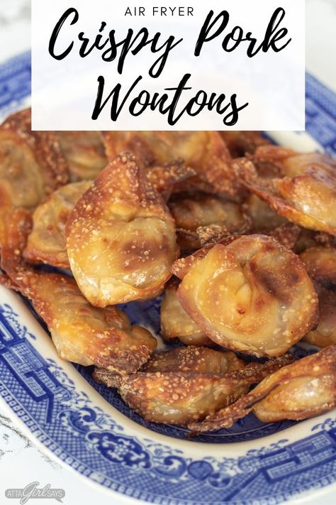 Yes, you can make wontons in the air fryer! These pork-stuffed wontons cook in just 10 minutes, and they come out crispy and delicious! | Air Fryer Recipes | Chinese Food | Appetizers | Party Food | #airfryer #wontons #friedwontons #porkwontons Airfryer Wontons, Chinese Food Appetizers, Food Appetizers Party, Air Fryer Wontons, Stuffed Wontons, Pork Wonton Recipe, Recipes Chinese Food, Pork Wontons, Wonton Wrapper Recipes