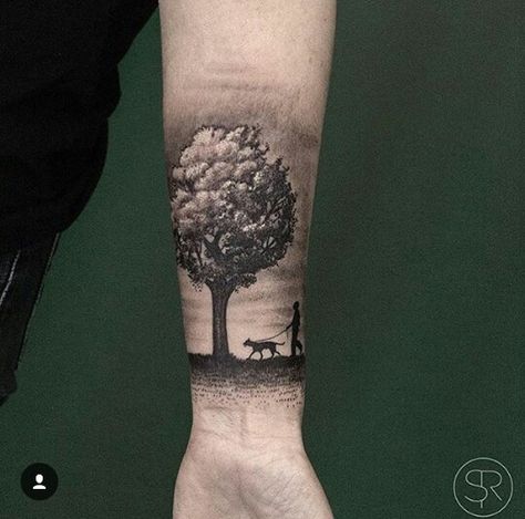 tree, man, dog, walk, gray, black, hand, tatoo Walking Dog Tattoo, Roots Tattoo Ideas, Tree With Roots Drawing, Tattoo Ideas Women, Roots Drawing, Tree Roots Tattoo, Tree Tattoo Men, Roots Tattoo, Worlds Best Tattoos