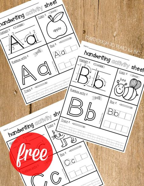 FREE Handwriting Activity Sheets! One for every letter of the alphabet. Letter Sheets For Preschool, Learning The Alphabet Activities, Abc Games For Kids, Kids Learning Alphabet, Handwriting Activities, Preschool Alphabet, Rainbow Writing, Free Handwriting, Abc Games